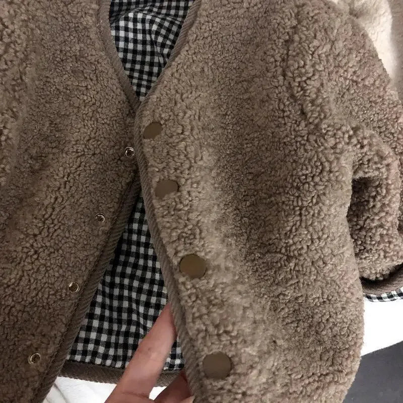 DGUKYM Autumn and Winter New Warm Jacket Children Two Sides Wear Plaid Plush Jacket Kids Jackets Winter Clothes for Girls