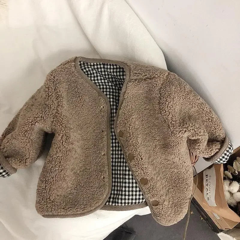 DGUKYM Autumn and Winter New Warm Jacket Children Two Sides Wear Plaid Plush Jacket Kids Jackets Winter Clothes for Girls