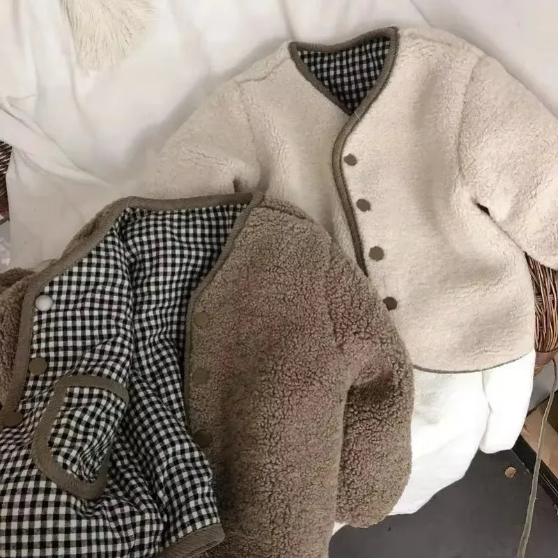 DGUKYM Autumn and Winter New Warm Jacket Children Two Sides Wear Plaid Plush Jacket Kids Jackets Winter Clothes for Girls