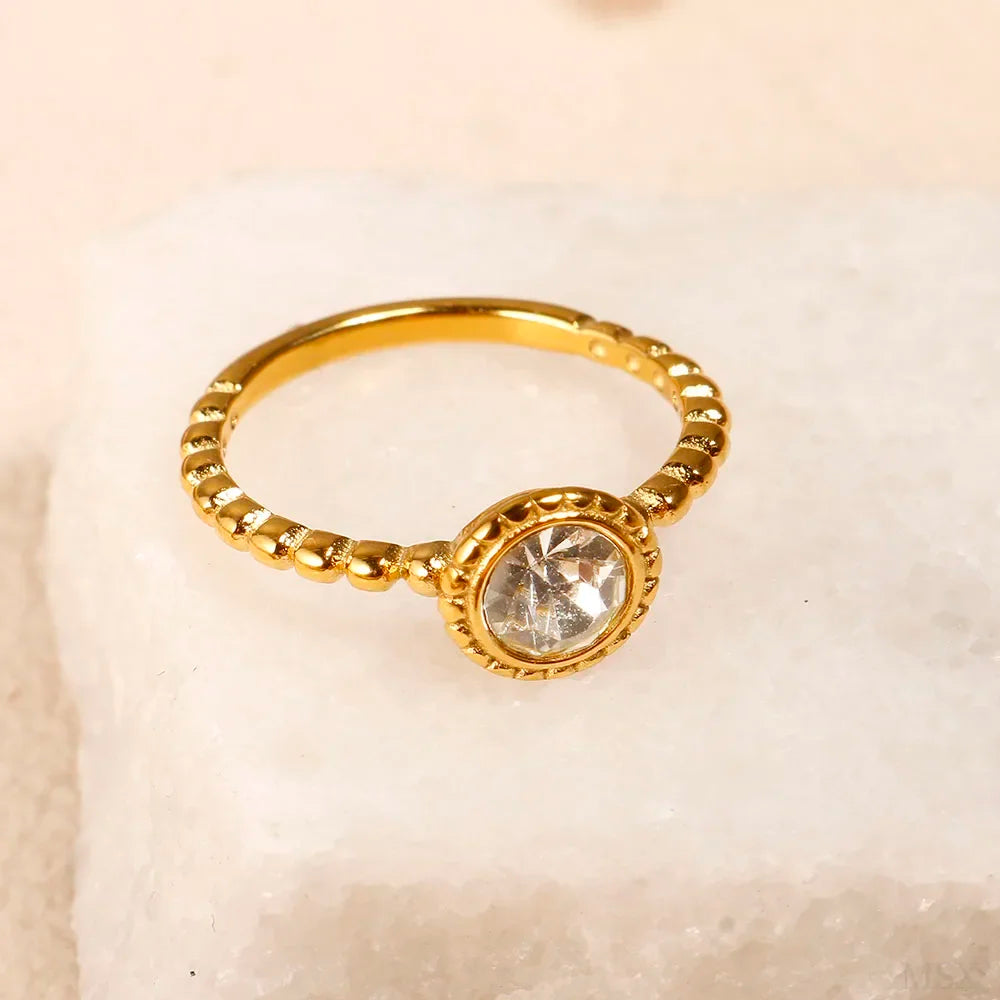 Personality Round Beads Ring Band Small Clear Crystal Zircon Waterproof Stainless Steel Gold Rings Simple Granular Fine Jewelry