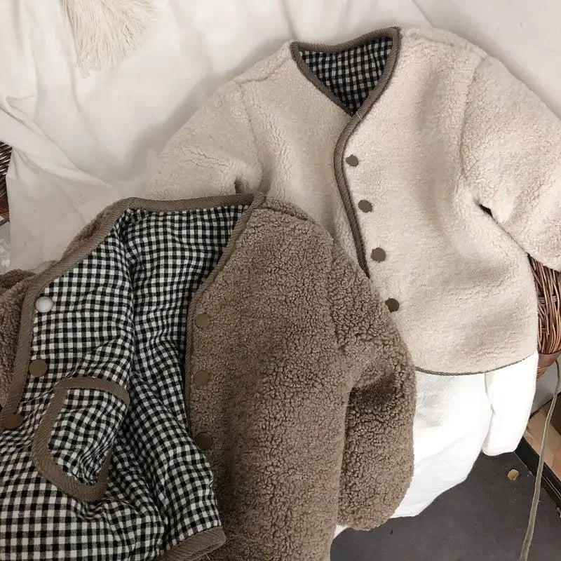 DGUKYM Autumn and Winter New Warm Jacket Children Two Sides Wear Plaid Plush Jacket Kids Jackets Winter Clothes for Girls