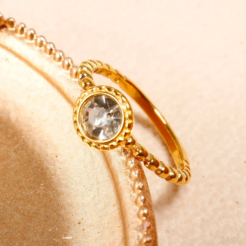 Personality Round Beads Ring Band Small Clear Crystal Zircon Waterproof Stainless Steel Gold Rings Simple Granular Fine Jewelry
