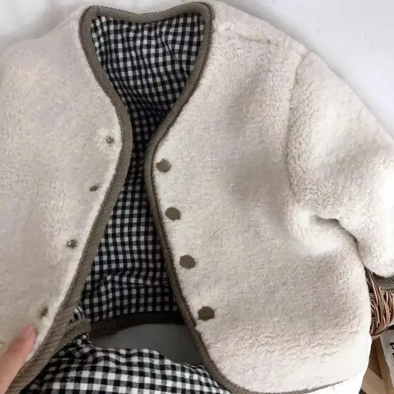 DGUKYM Autumn and Winter New Warm Jacket Children Two Sides Wear Plaid Plush Jacket Kids Jackets Winter Clothes for Girls
